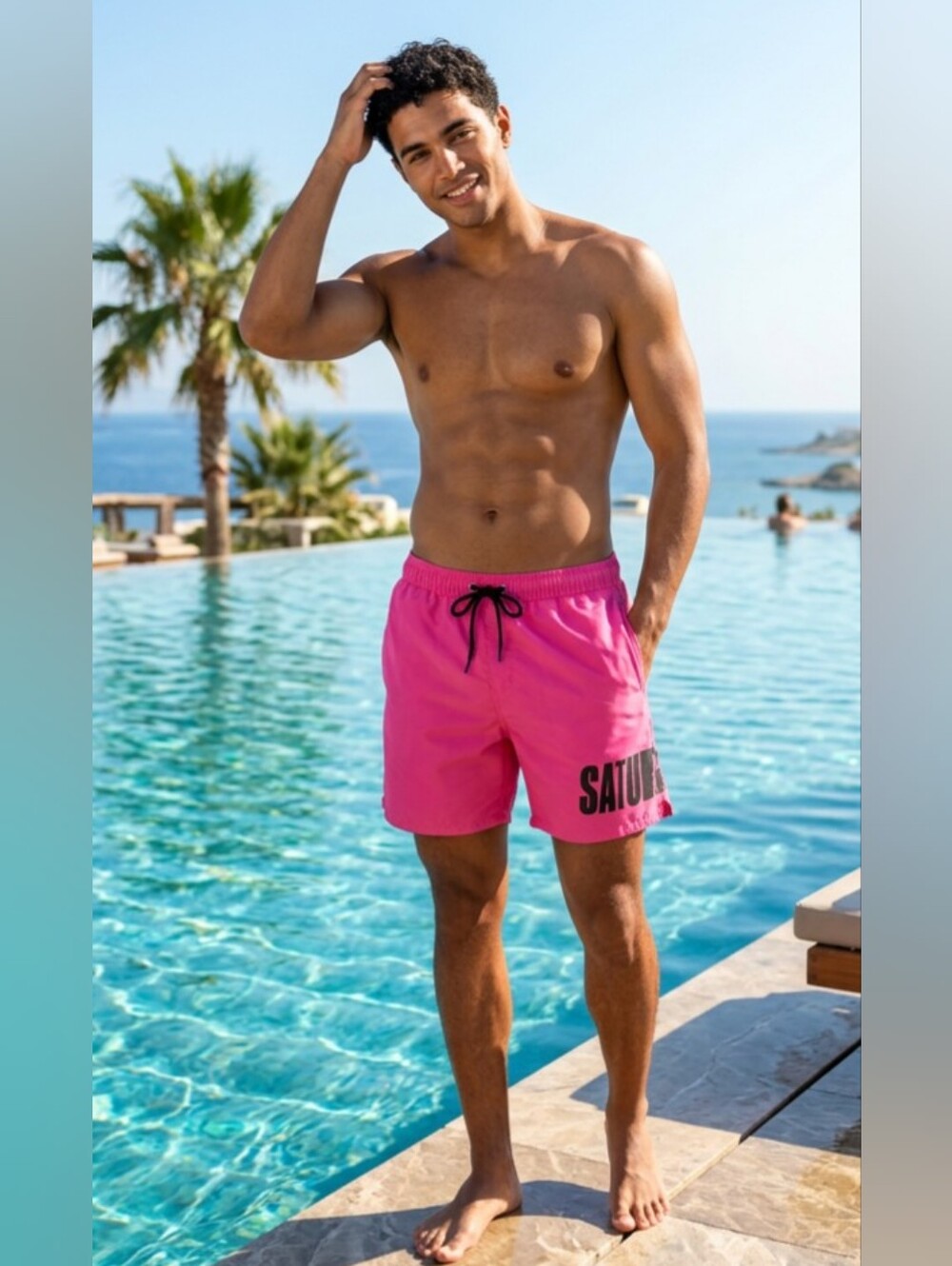 SATURDAYS NYC Pink Timothy Grain Graphic Mesh-Lined Swim Trunks - Size XL